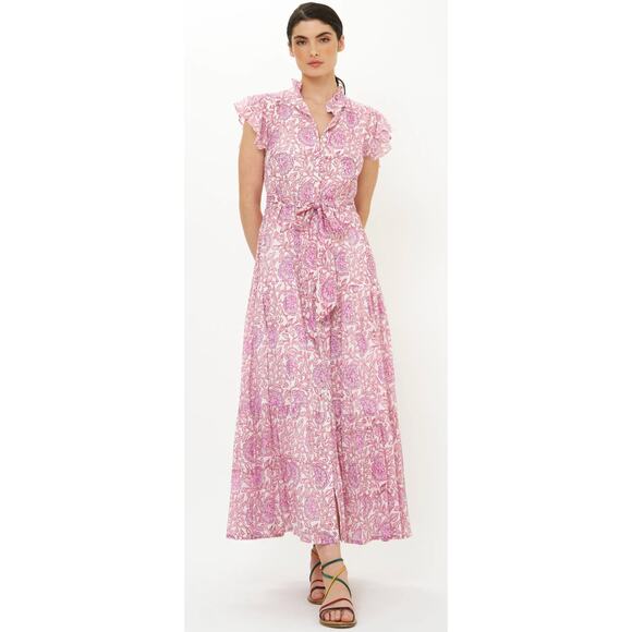Oliphant Ruffle Collar Button Maxi Dress Malta Pink Floral Print Tuckernuck XS - Picture 1 of 11